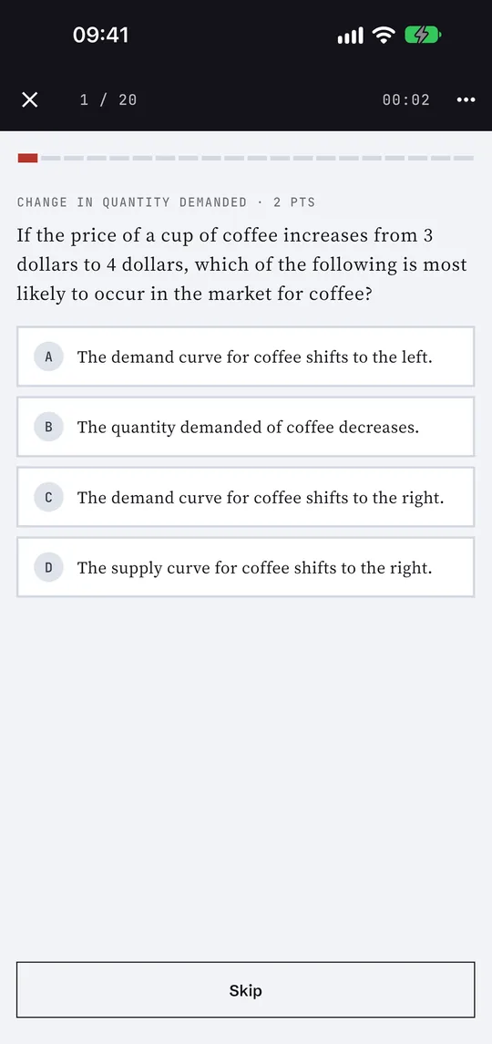 A practice exam question in the ExamTeX app, with a timer