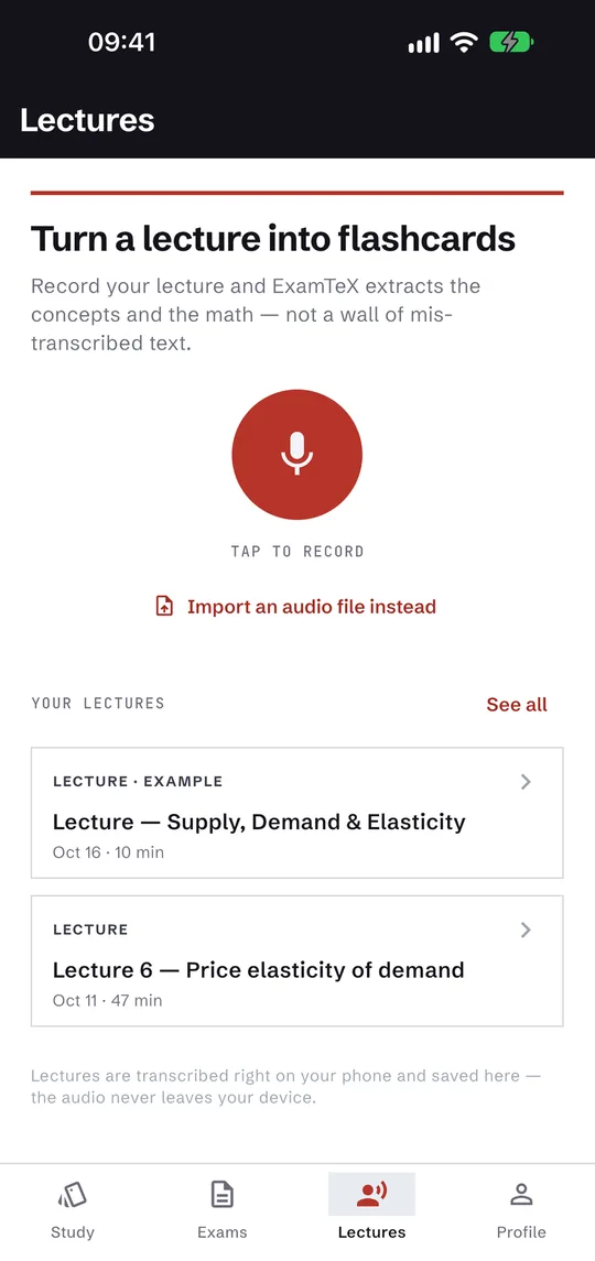 The Lectures tab of the ExamTeX app, with a record button and two saved lectures