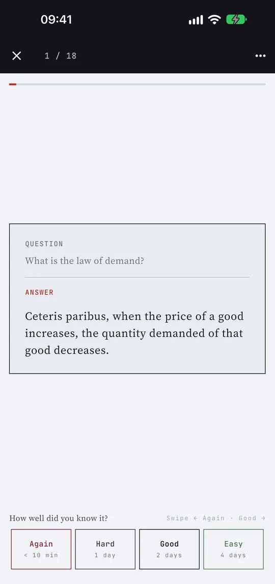 A flashcard in the ExamTeX app, rated Again, Hard, Good or Easy