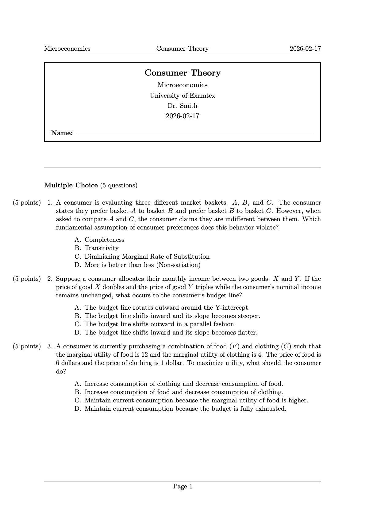 Sample exam paper generated by ExamTeX, typeset in LaTeX