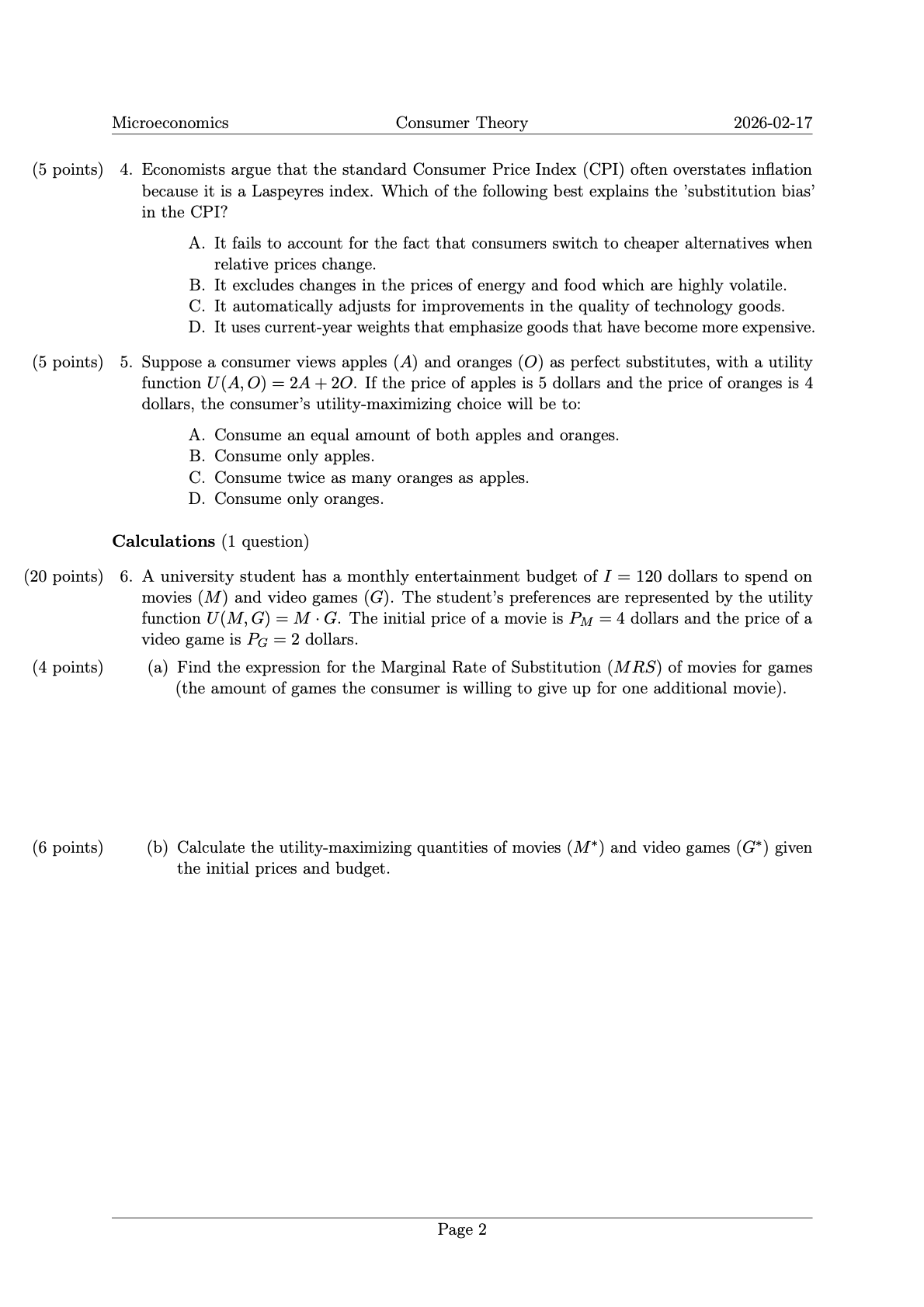 Sample exam page 2 — continued questions and answer space